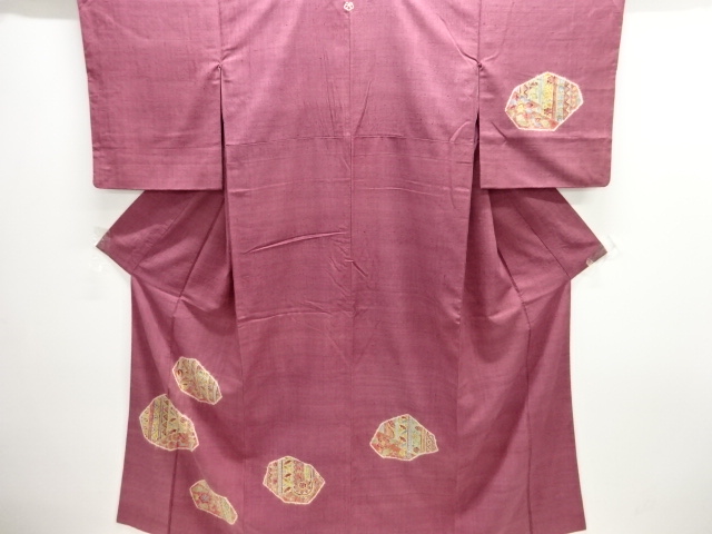 アンティーク　絞り裂取りに花鳥更紗模様手織り紬一つ紋着物